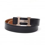 Hermes Brown x Black Leather x Silver Tone H Buckle Belt Size 70