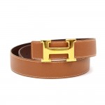 Hermes Brown Leather x Gold Tone H Buckle Belt Size 75