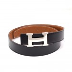 Hermes Brown x Black Leather x Silver Tone H Buckle Belt Size 75