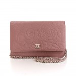 Chanel Pink Camellia Embossed Lambskin Leather Wallet On Long Shoulder Chain