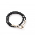 Hermes Black Leather x Silver Tone Hook Double Wrap Jumbo Bracelet