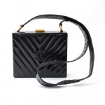 Vintage Chanel 8inch Black V-Quilted Patent Leather Shoulder Pochette Bag