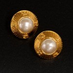 Chanel Gold Tone Pearl Round Earrings CC