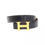 Hermes Brown x Black Leather x Gold Tone H Buckle Belt Size 65