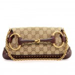 Gucci Horsebit Ebony Monogram Canvas x Burgundy Leather Clutch Party Bag