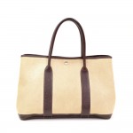 Hermes Garden Party PM Chocolate Brown Leather Beige Canvas Hand Bag