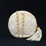 Vintage Chanel White Quilted Leather Fringe Round Pouch Bag