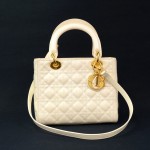 Christian Dior Lady Dior 10inch Off White Quilted Cannage Patent Leather Hand Bag + Strap