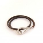 Hermes Brown Leather x Silver Tone Hook Double Wrap Jumbo Bracelet