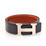 Hermes Brown x Navy Leather x Silver Tone H Buckle Belt Size 65