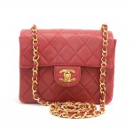 Vintage Chanel Red Quilted Leather Mini Shoulder Bag Gold Chain CC