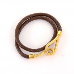 Hermes Dark Brown Leather x Silver Tone Hook Double Wrap Jumbo Bracelet