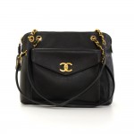 Chanel 12" Black Caviar Leather Large Shoulder Tote Bag