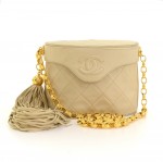 Vintage Chanel Beige Quilted Leather Fringe Shoulder Pochette Flap Bag