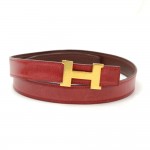 Hermes Red x Brown Leather x Gold Tone Thin Belt Size 70