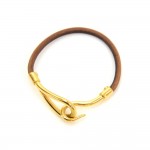 Hermes Brown Leather x Gold Tone Hook Jumbo Bracelet