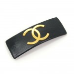 Chanel Black Leather x Gold Tone CC Logo Large Barrette Hair Clip