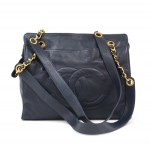 Chanel Navy Lambskin Leather Shoulder Tote Bag CC