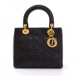 Christian Dior Lady Dior 10" Black Quilted Cannage Leather Hand Bag