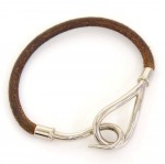 Hermes Leather x Silver Tone Hook Jumbo Bracelet