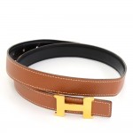 Hermes Brown x Black Leather x Gold Tone H Buckle Thin Belt Size 65