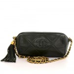 Vintage Chanel Dark Green Quilted Leather Fringe Mini Pouch Bag