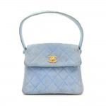 Chanel Light Blue Quilted Suede Leather Flap Hand Bag