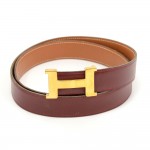 Hermes Burgundy x Brown Leather x Gold Tone H Buckle Belt Size 90