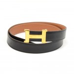 Hermes Brown x Black Leather x Gold Tone H Buckle Belt Size 90