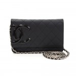 Chanel Cambon Black Quilted Leather Wallet On Long Shoulder Chain