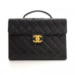 Vintage Chanel Black Caviar Quilted Leather Large Briefcase Hand Bag