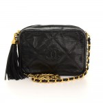 Vintage Chanel 7" Black Lizard Quilted Leather Fringe Shoulder Pochette Bag