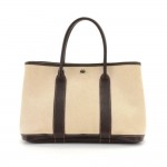 Hermes Garden Party TPM Chocolate Brown Leather Beige Canvas Hand Bag