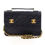 Chanel Navy Quilted Leather 2 Way Shoulder chain Hand Bag Gold CC