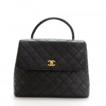 Chanel 12" Kelly Style Black Quilted Caviar Leather Flap Hand Bag