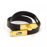 Hermes Kelly Double Tour Black Leather x Gold Tone Bracelet