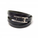 Hermes Api III Black Leather Silver Tone H Logo Long Wrap Bracelet
