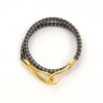 Hermes Black x Gray Leather x Gold Tone Hook Double Wrap Jumbo Bracelet