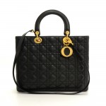 Christian Dior Lady Dior Black Quilted Cannage Leather Large Bag + Strap
