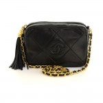 Vintage Chanel 7" Black Quilted Leather Fringe Shoulder Pochette Bag