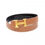 Hermes Brown x Black Leather x Gold Tone H Buckle Belt Size 75
