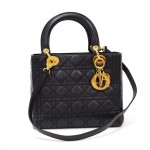 Christian Dior Lady Dior 10inch Black Quilted Cannage Leather Hand Bag + Strap