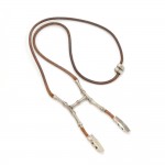 Hermes Bambou Halter Silver Tone H Clip Brown Leather String Necklace