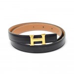 Hermes Brown x Black Leather x Gold Tone H Buckle Thin Belt Size 65