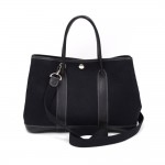 Hermes Garden Party TPM Black Leather Canvas Hand Bag + Strap