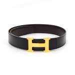 Hermes Black Leather Gold Tone H Buckle Belt Size 65