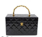 Chanel Vanity Black Quilted Patent Leather Large Cosmetic Hand Bag