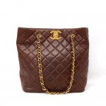 Vintage Chanel Dark Brown Quilted Leather Tote Shoulder Bag Large CC