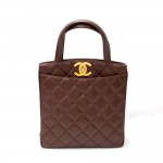Chanel 11" Brown Quilted Caviar Leather Tote Hand Bag
