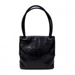Vintage Chanel 12" Black Leather Large Shoulder Tote Bag